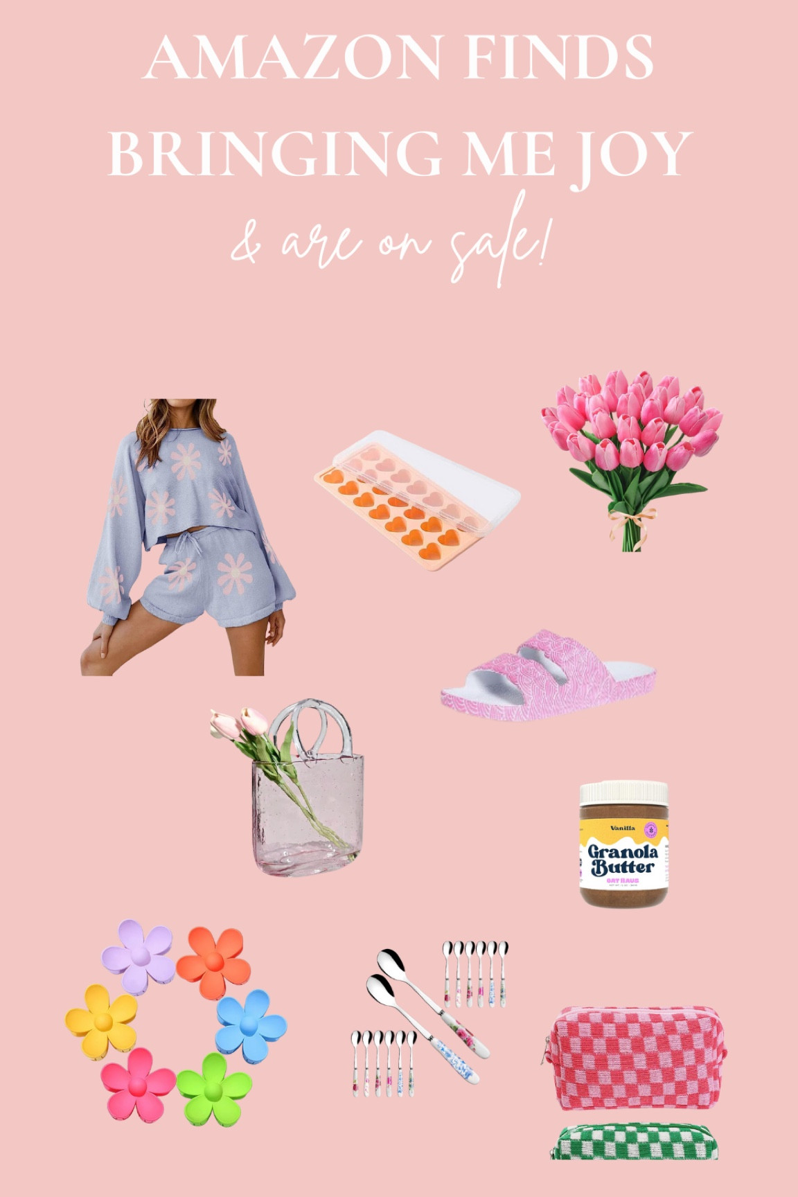 Amazon finds that are bringing me joy right now AND are on sale!

- two piece retro, bright, floral set
- heart shaped ice cub mold for aesthetic drinks 
- tulips
- glass bag vase
- pink Birkenstock type shoes
- oat haus amazing oat butter 
- Grandmillennial tea spoons
- flower, colorful hair clips 

Amazon finds, Amazon sales, Amazon summer, pink aesthetic, Barbie 


#LTKFind #LTKstyletip #LTKunder100