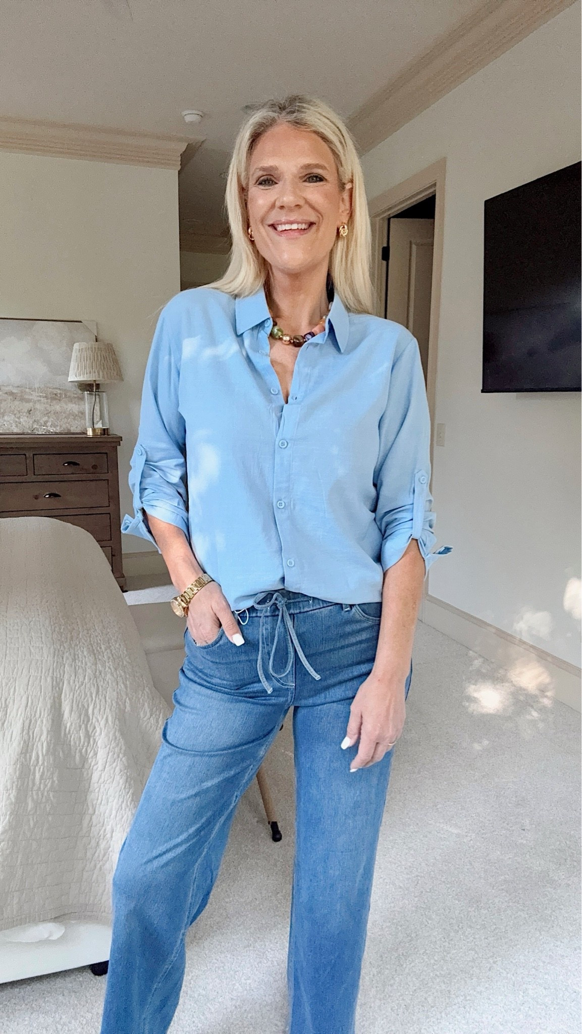 A fun, classy button-down I’ve been loving lately 🤍
It’s such an easy everyday top that you can dress up or keep casual. I love pieces like this that make getting dressed feel effortless while still looking put together.

#LTKdayinmylife #LTKOver40 #LTKBeauty