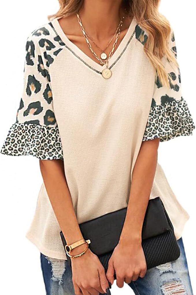 AOSFYTI Women's Ruffle Sleeves Tops Summer Leopard Print Patchwork Printed T Shirt V-Neck Casual ... | Amazon (US)