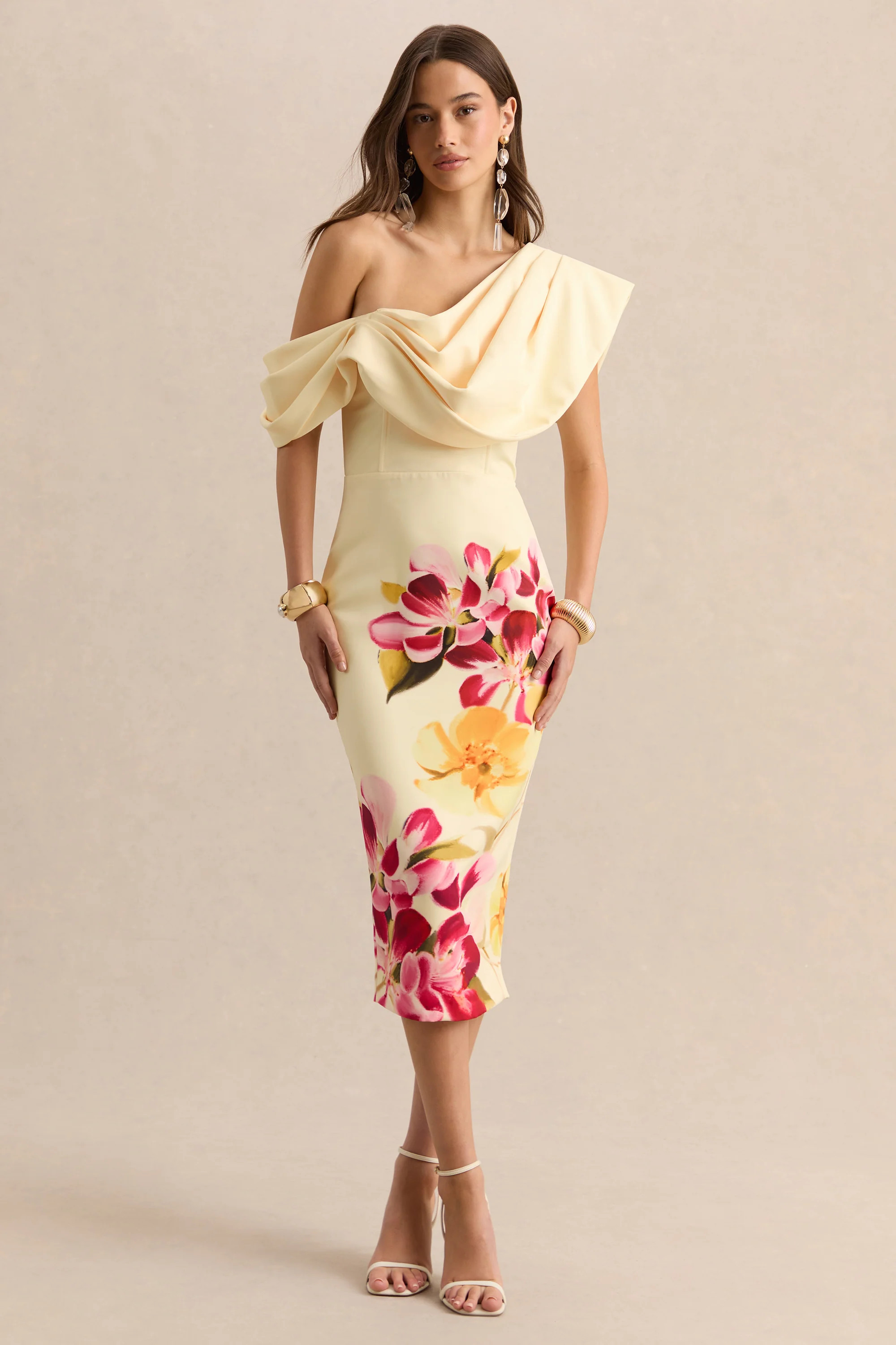 Adrina | Hot Pink & Lemon Floral Print Draped One Shoulder Midi Dress | Club L London
