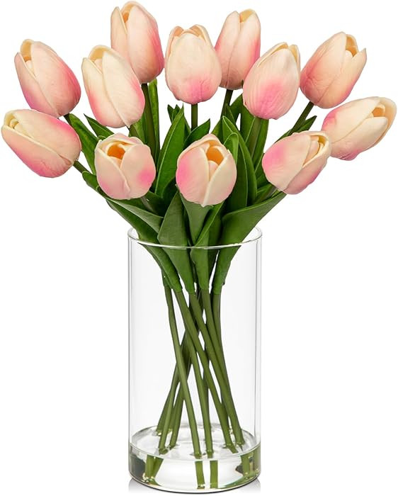 DILATATA 12 Pcs Artificial Real Touch Tulips Flowers in Glass Vase with Faux Water, Tulips Fake A... | Amazon (US)