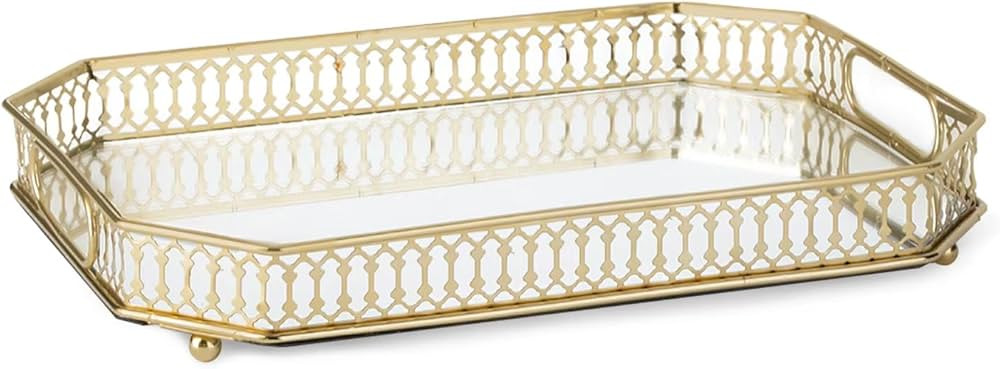 Bar Cart Tray, Decorative Mirrored Tray with Handles, Large Capacity Organizer, Gold | Amazon (US)