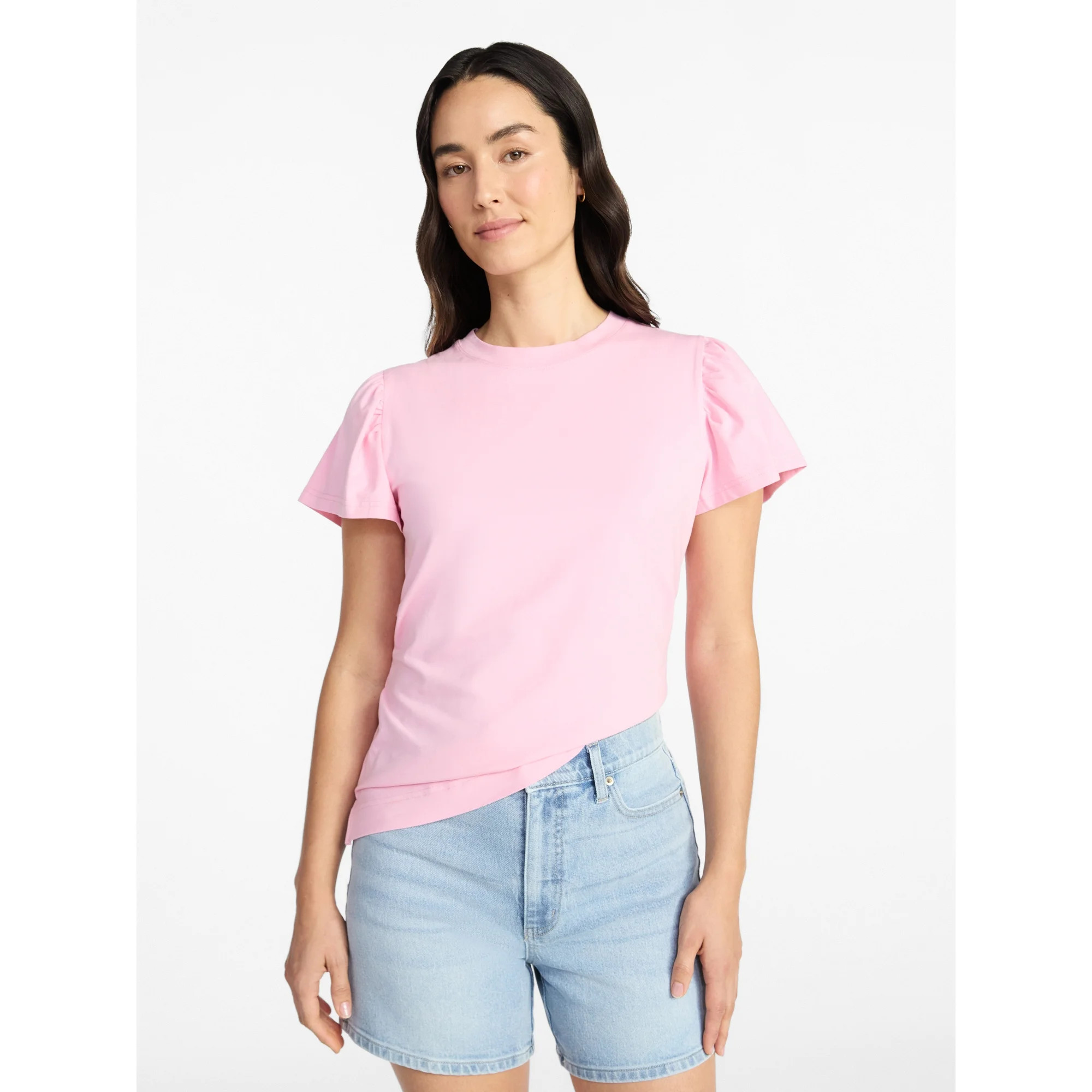 Time and Tru Women's Crewneck Top with Short Flutter Sleeves, Sizes XS-XXXL | Walmart (US)