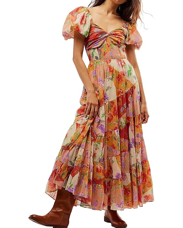 Women Floral Maxi Dress Short Puff Sleeve V Neck Bohemian Flowy Dress Smocked Casual Spring Summe... | Amazon (US)