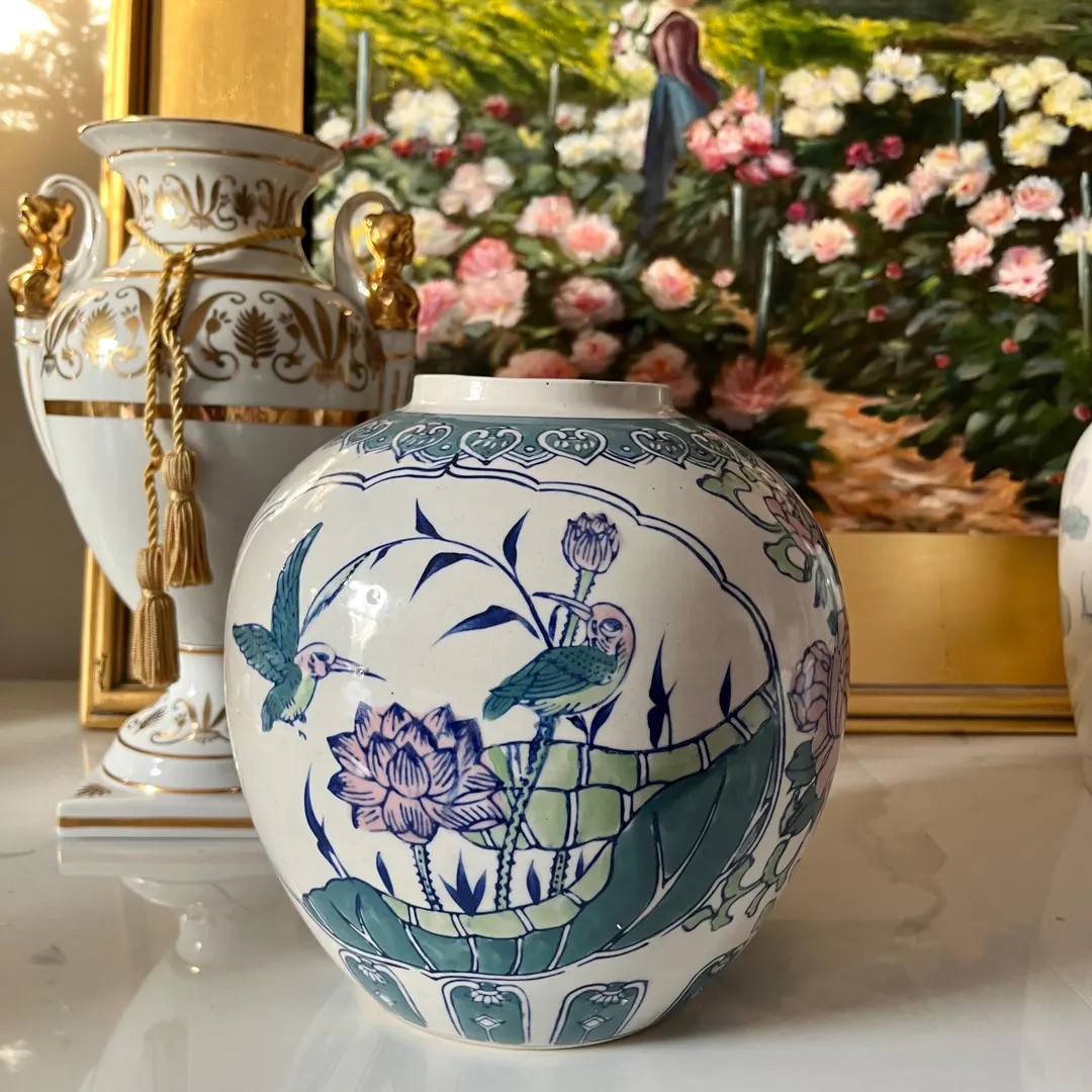 Vintage Pastel Chinoiserie Hand Painted Vase With Pink, Green & Blue Floral and Birds, Hand Paint... | Etsy (US)