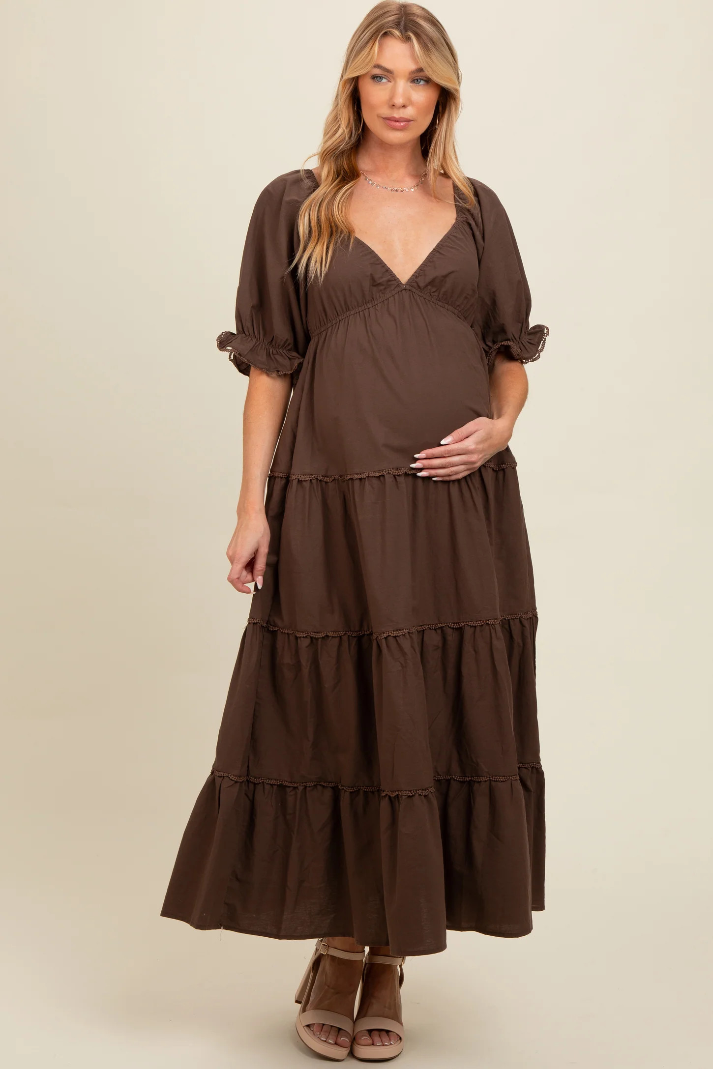 Brown Deep V-Neck Tiered Maternity Maxi Dress | PinkBlush Maternity