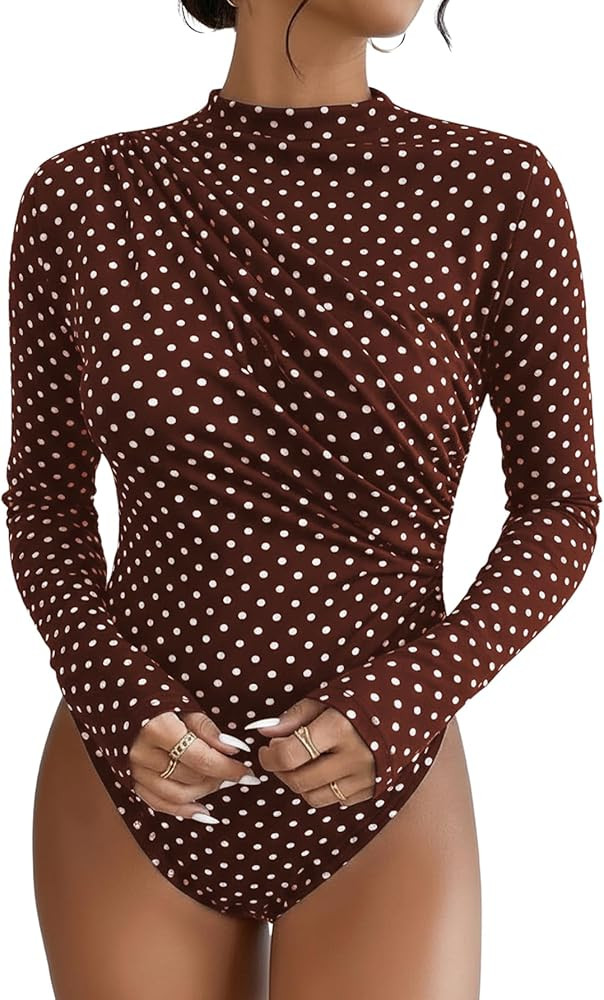 SweatyRocks Women's Bodysuit Mock Neck Casual Ruched Long Sleeve Jumpsuit | Amazon (US)