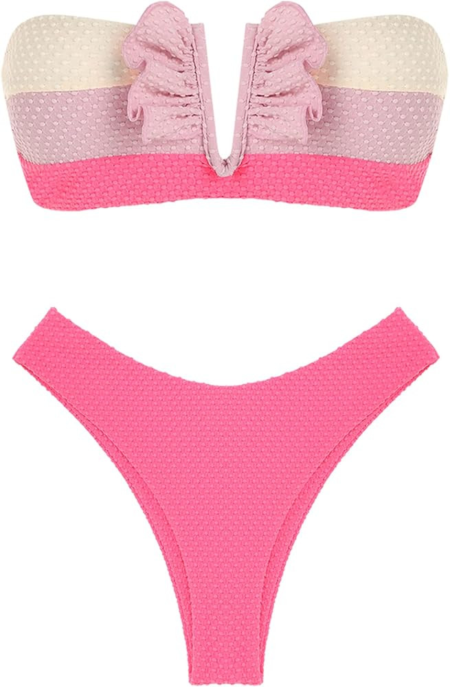 ZAFUL Women V-Wired Ruffle Ribbed Bandeau Bikini, Lace Up Bikinis Strapless Two Pieces Swimsuit | Amazon (US)