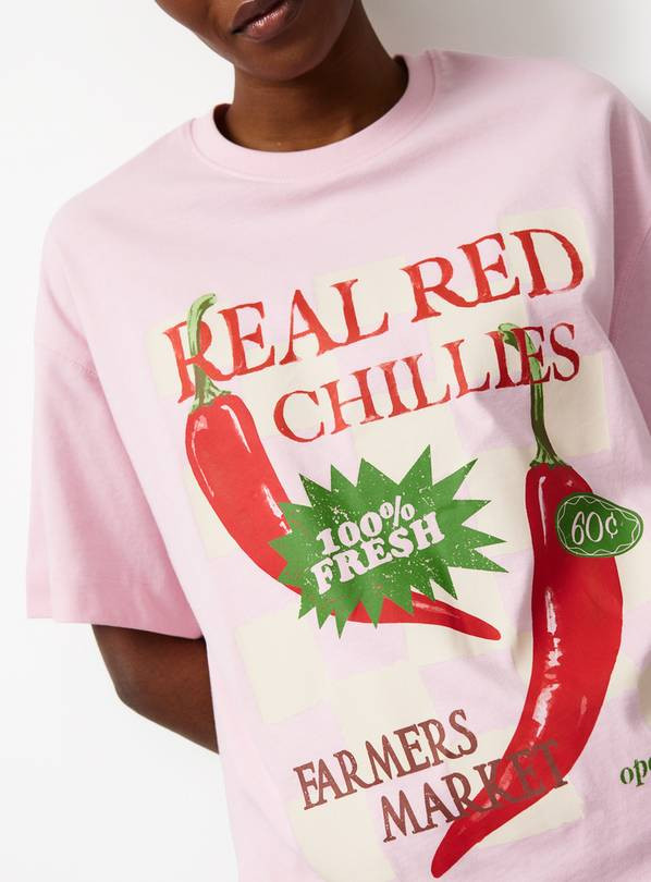 Pink Red Chillies Print Oversized Graphic T-Shirt S | Tu Clothing