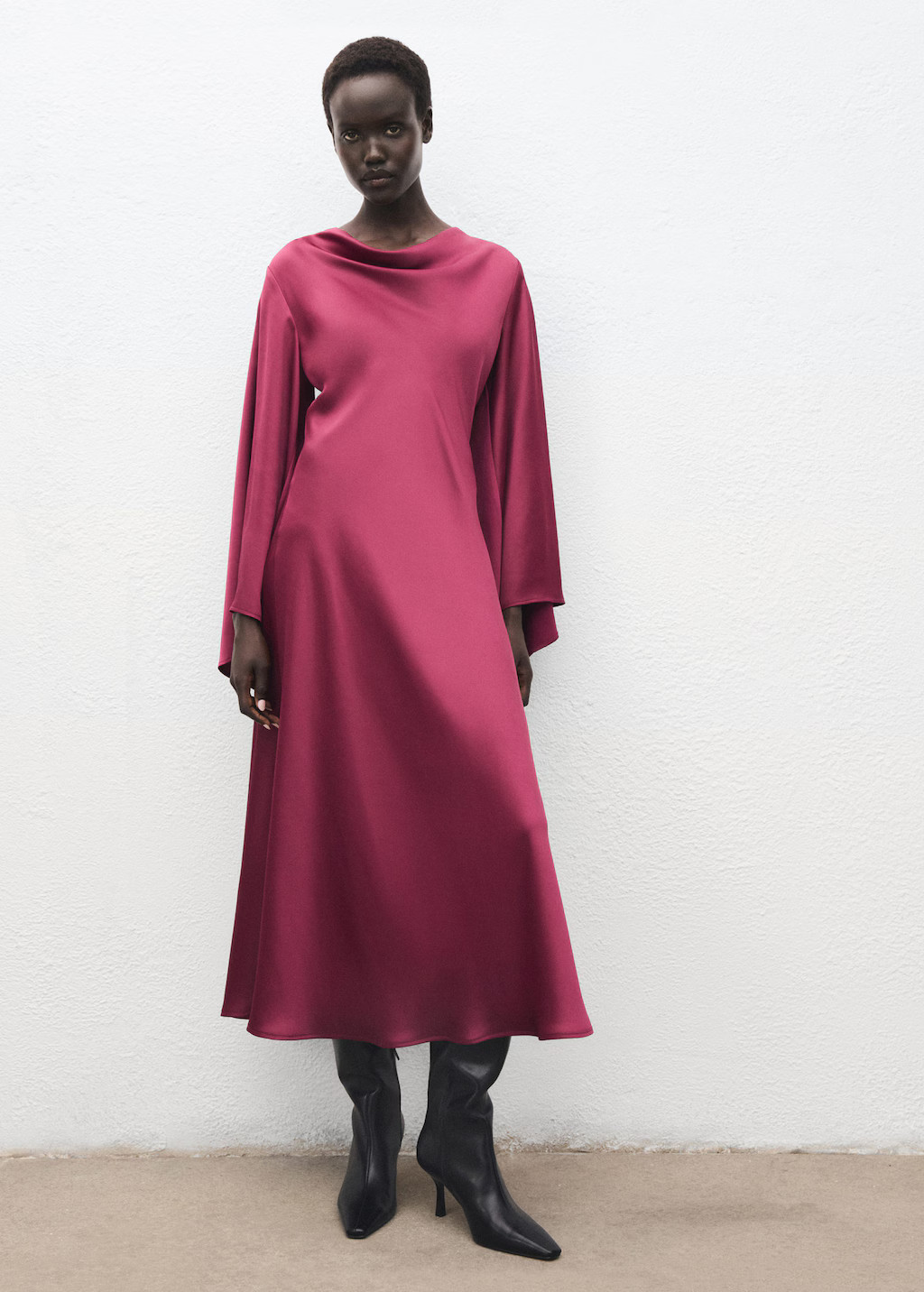 Flared-sleeve satin dress fuchsia - Woman - 4 - MANGO | Mango (US/MX/AU)