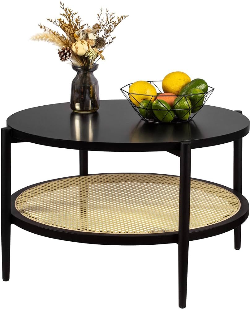 comfy to go Round Rattan Coffee Table Mid Century Modern Engineered Wood Living Room Table Black ... | Amazon (US)