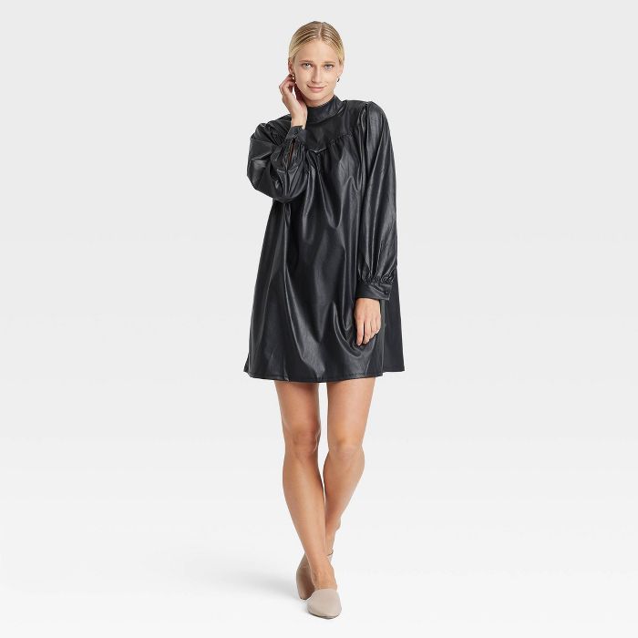Women's Long Sleeve Faux Leather A-Line Dress - Who What Wear™ Black | Target