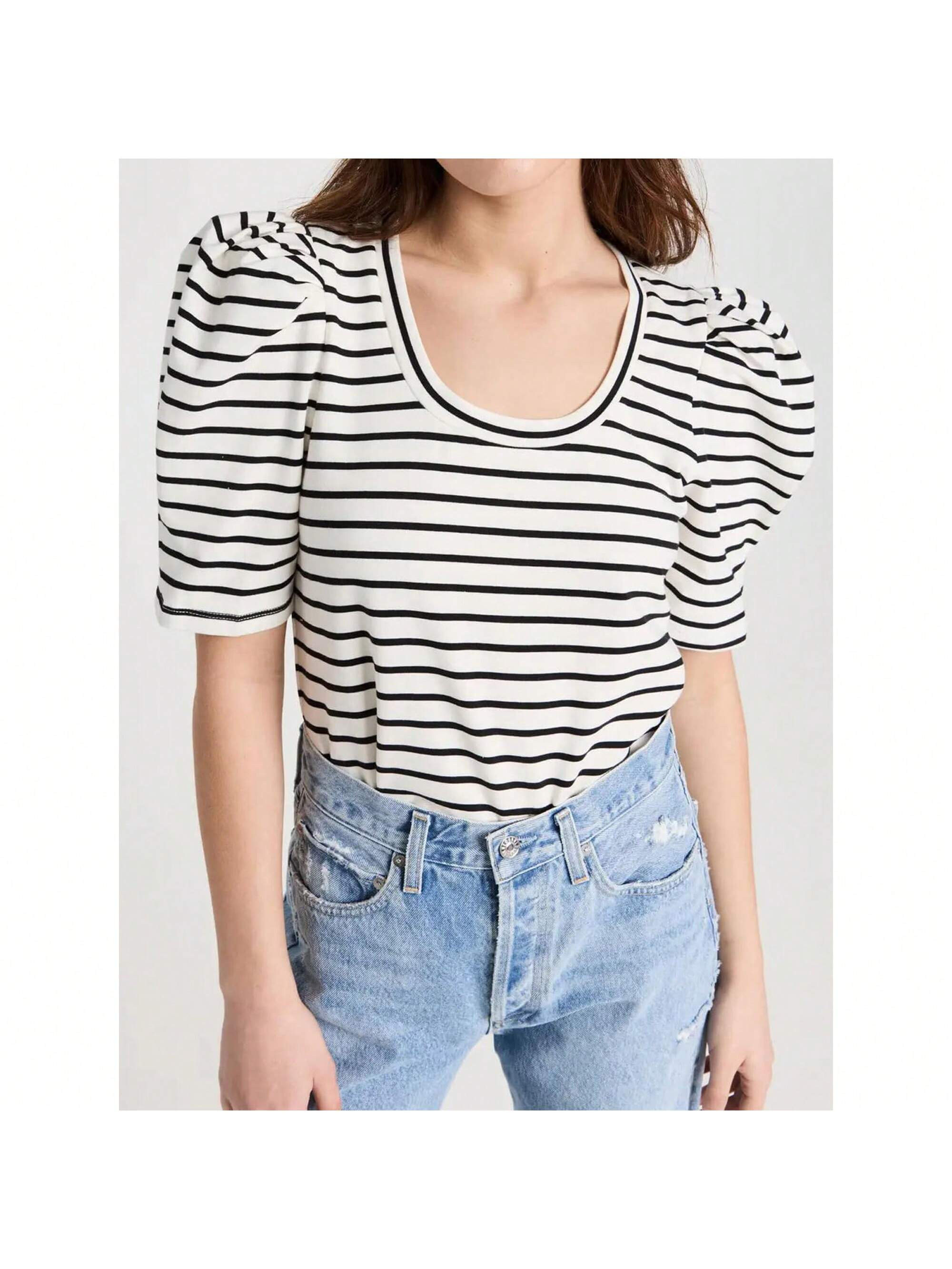 BZB Womens Casual Summer T Shirts Striped Puff Short Sleeve Loose Fit Tunic Top | SHEIN