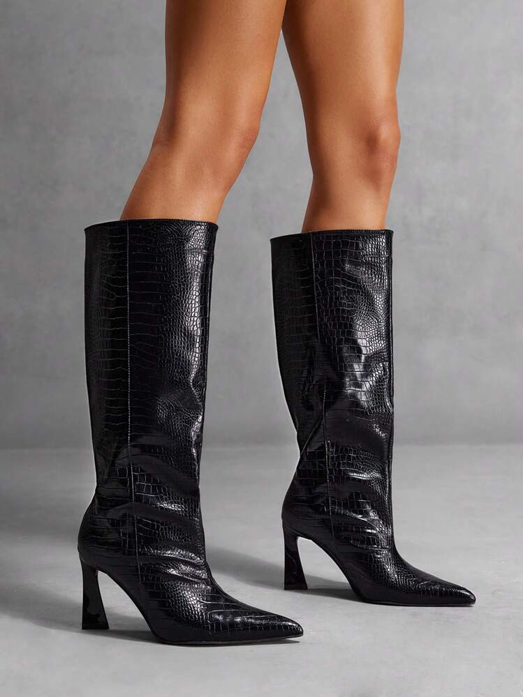 CUCCOO SZL Women's Fashionable Black Crocodile-Pattern Wide Shaft Stiletto Pointed-Toe Boots Halloween For And Spring Shoes Spring Break Easter | SHEIN