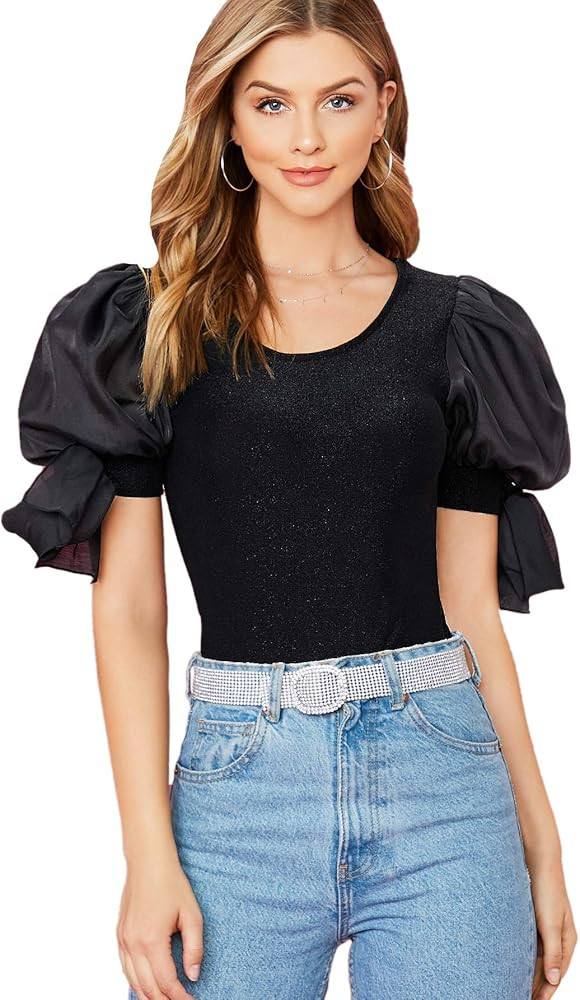 SheIn Women's Organza Puff Sleeve Self Tie Sleeve Round Neck Shirt Stretchy Blouse Top | Amazon (US)