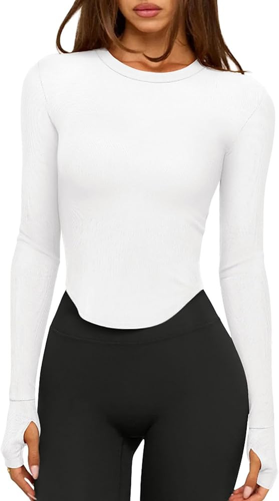 LASLULU Womens Long Sleeve Workout Tops Crop Tops Crew Neck Ribbed Slim Fitted Breathable Running... | Amazon (US)