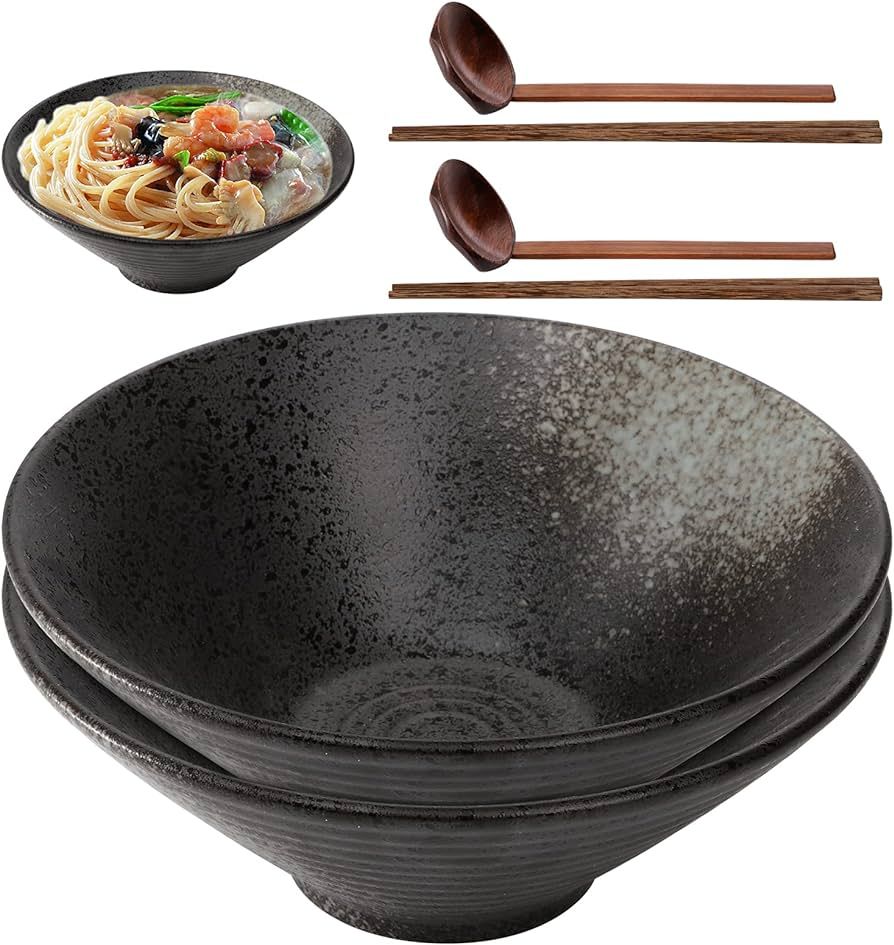 ZOOFOX Set of 2 Porcelain Ramen Noodle Bowl, 60 oz Large Soup Bowl with Chopsticks and Spoons for... | Amazon (US)