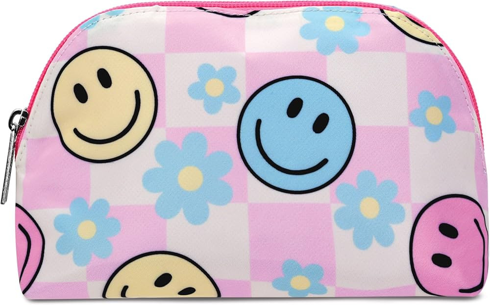 iscream 8.25" x 5" Nylon Fully Lined Wide Zipper Opening Cosmetic Bag - Happy Check | Amazon (US)
