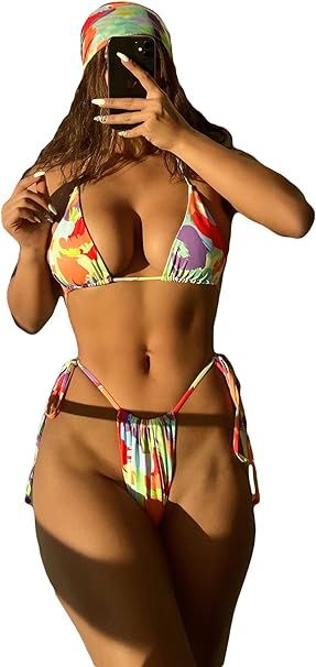 Romwe Women's Tie Dye Tie Side Triangle Halter Bikini Set Swimsuit Bathing Suit with Scarf | Amazon (US)