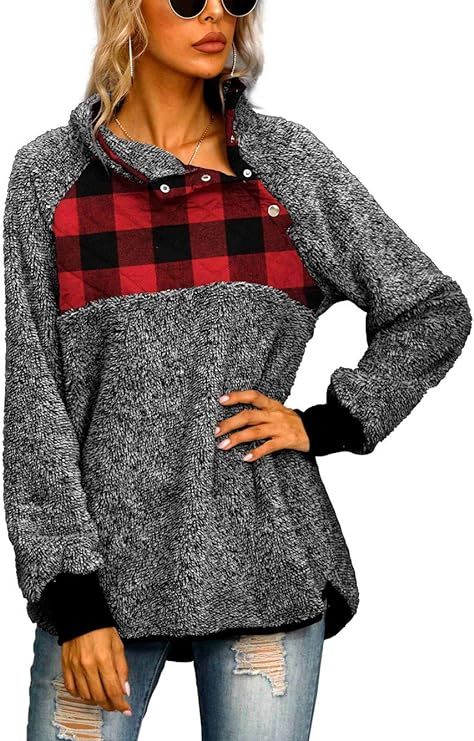 Famulily Women's Long Sleeve Asymmetrical Snap Neck Fleece Pullover Tops Sweater | Amazon (US)