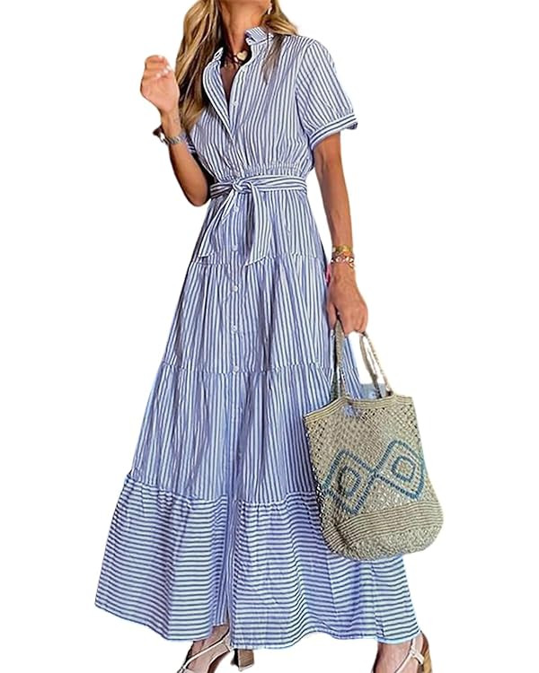 utcoco Womens Casual Short Sleeve Button Down Tie Waist Ruffled Striped Maxi Shirt Dress | Amazon (US)