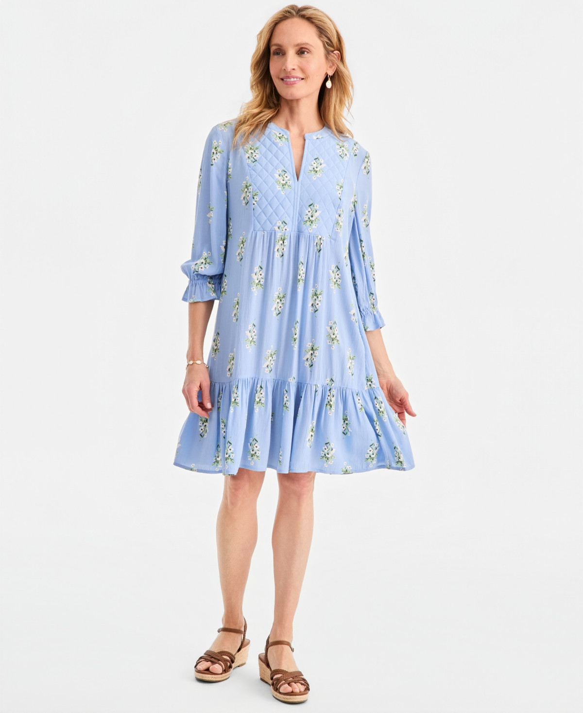 Style & Co Women's Printed Quilted 3/4-Sleeve Dress, Macy's Exclusive - Ditsy Rain | Macy's