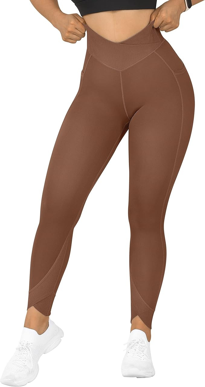 RXRXCOCO Women Crossover Leggings with Pockets High Waisted Athletic Workout Yoga Pants | Amazon (US)