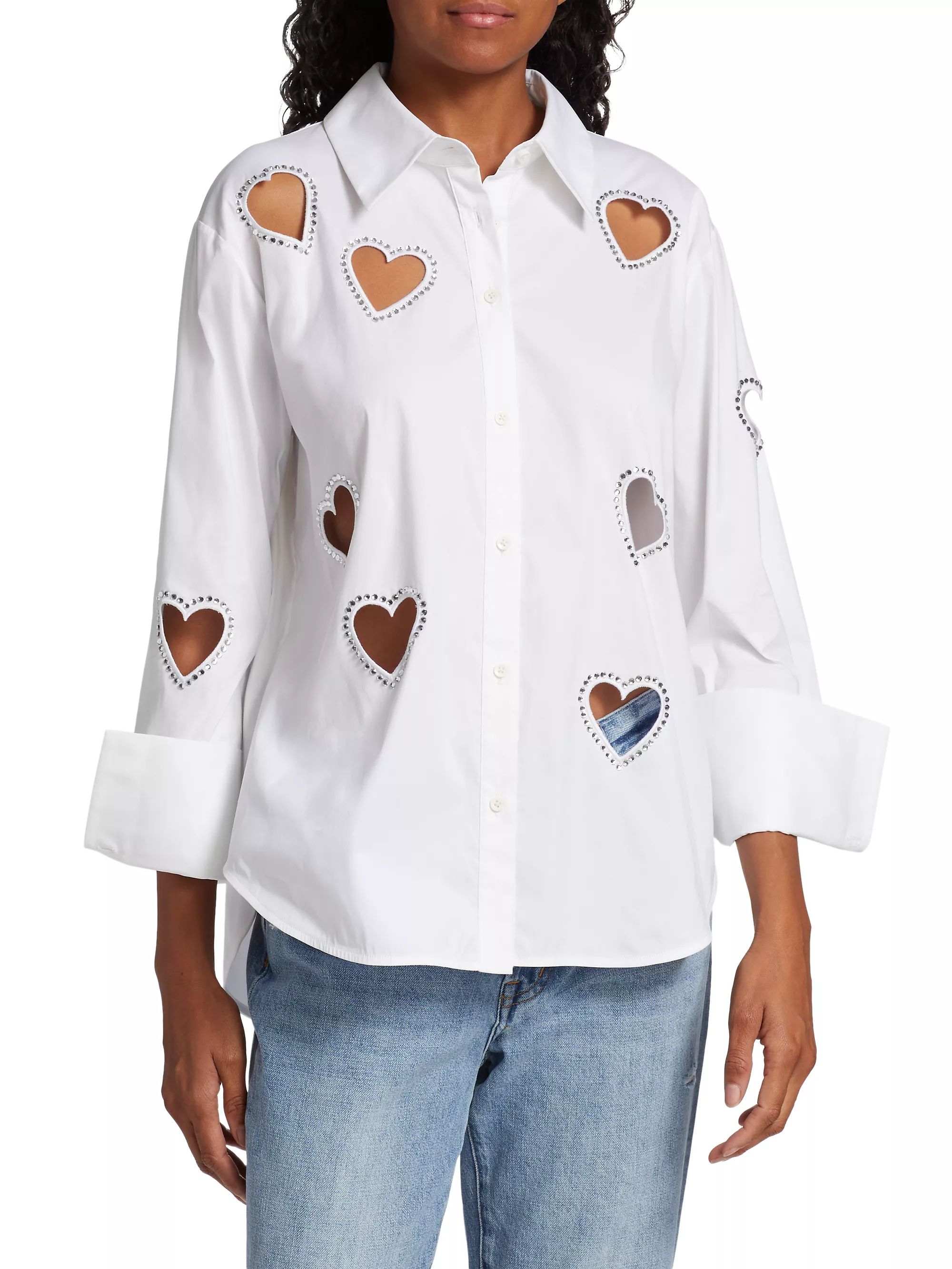 Shop Alice + Olivia Finley Crystal-Embellished Heart Cut Out Shirt | Saks Fifth Avenue | Saks Fifth Avenue