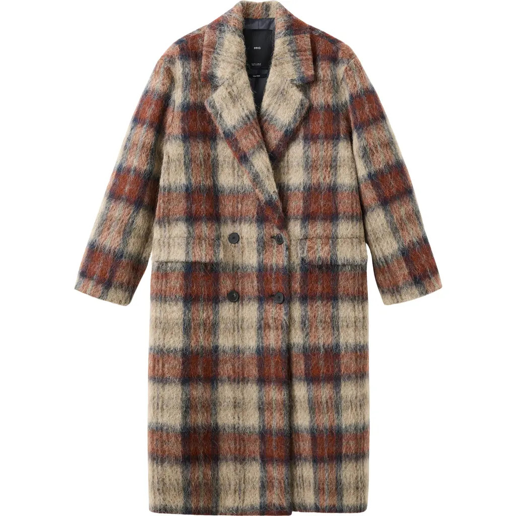 MANGO Check Plaid Wool Blend Double Breasted Coat in Beige at Nordstrom, Size Small | Nordstrom