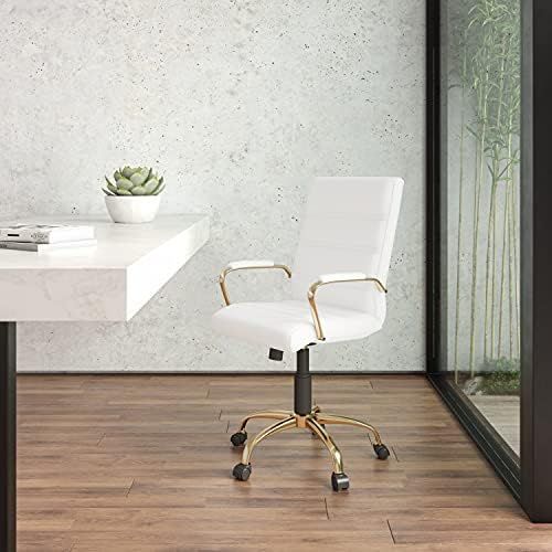 Flash Furniture Mid-Back Desk Chair - White LeatherSoft Executive Swivel Office Chair with Gold F... | Amazon (US)