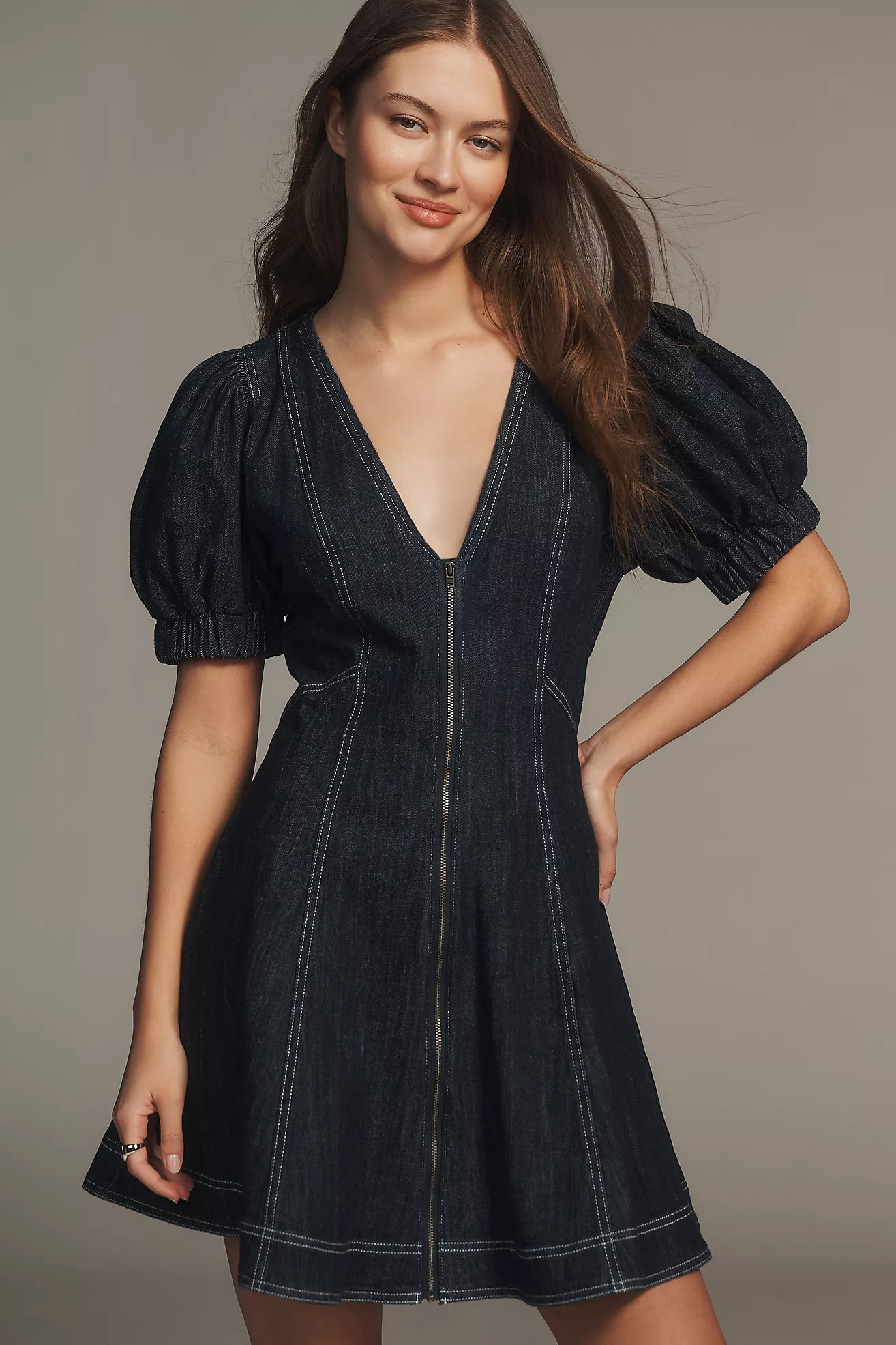 The Calder Puff-Sleeve Denim Mini Dress | Anthropologie (US)