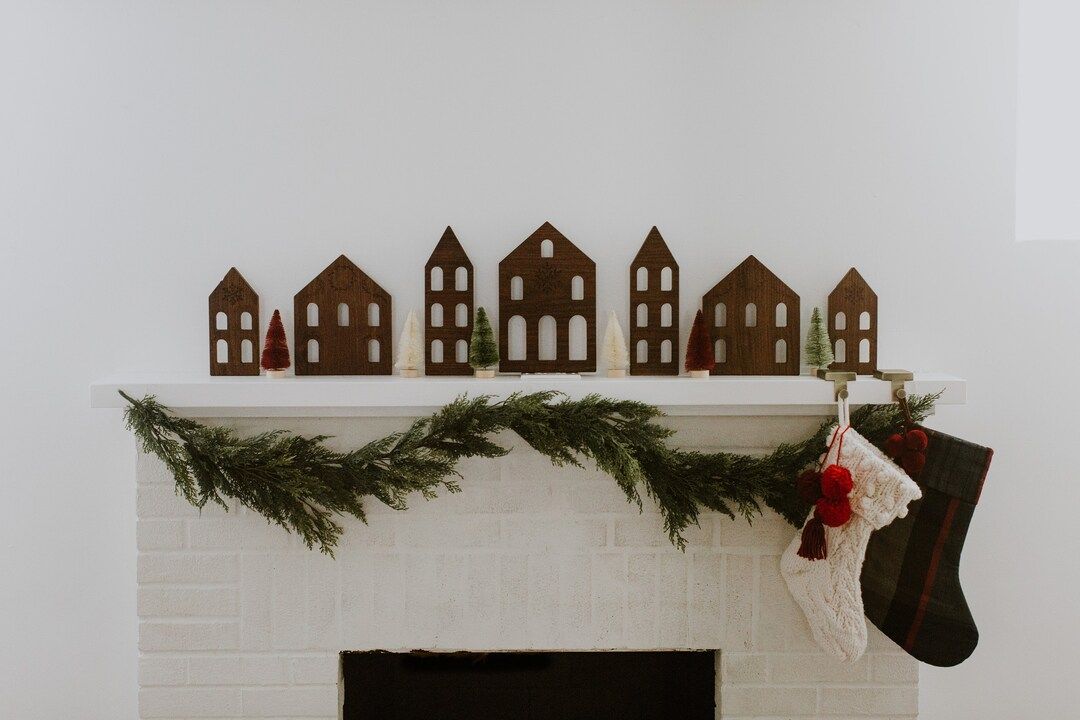 Wood House Christmas Village Decor Set Minimalist - Etsy | Etsy (US)