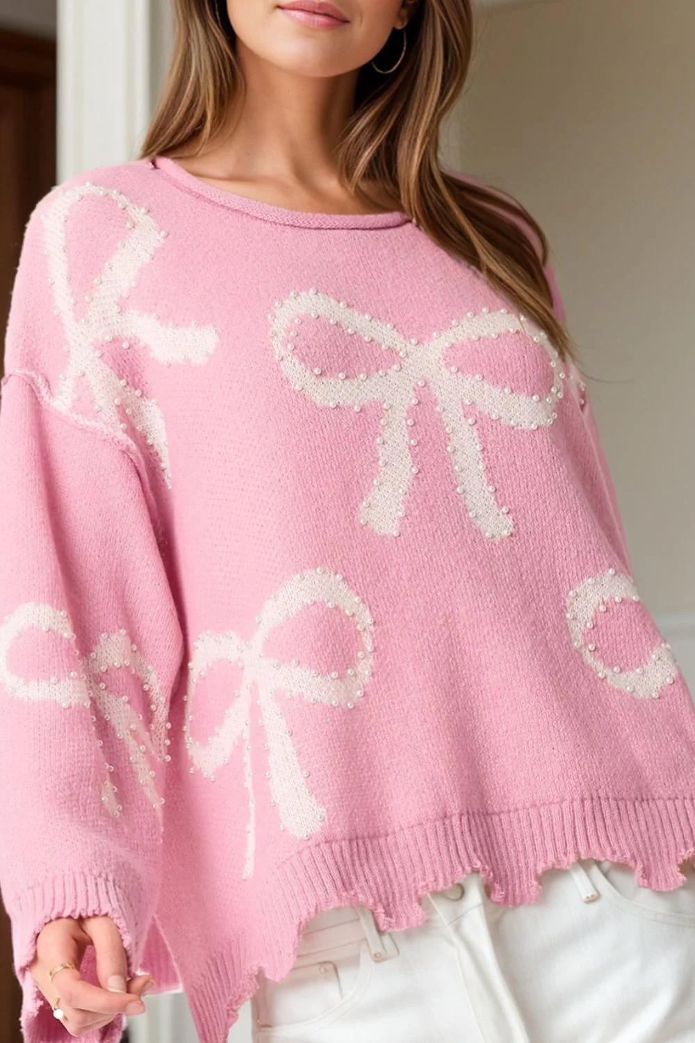 Pearl Detail Bow Round Neck Long Sleeve Sweater S | Casual Chic Boutique