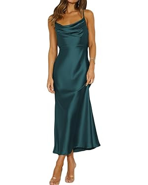 Summer Satin Spaghetti Strap Cowl Neck Backless Midi Dresses for Women Elegant Tie Low Back Ruche... | Amazon (US)
