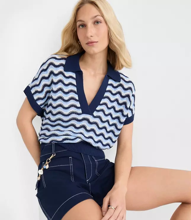 Collared Wave Stitch Wedge Sweater | LOFT