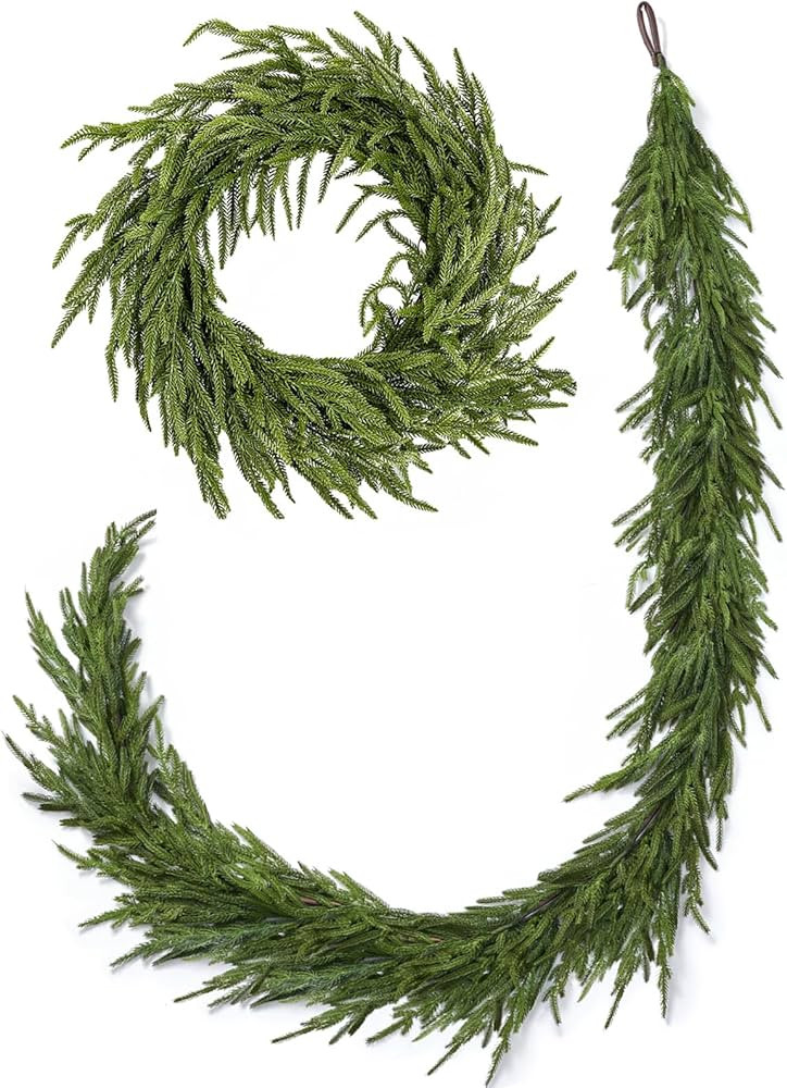 Real Touch Norfolk Pine Christmas Garland and Wreath Set, 24IN Green Wreath and 9FT Christmas Gar... | Amazon (US)