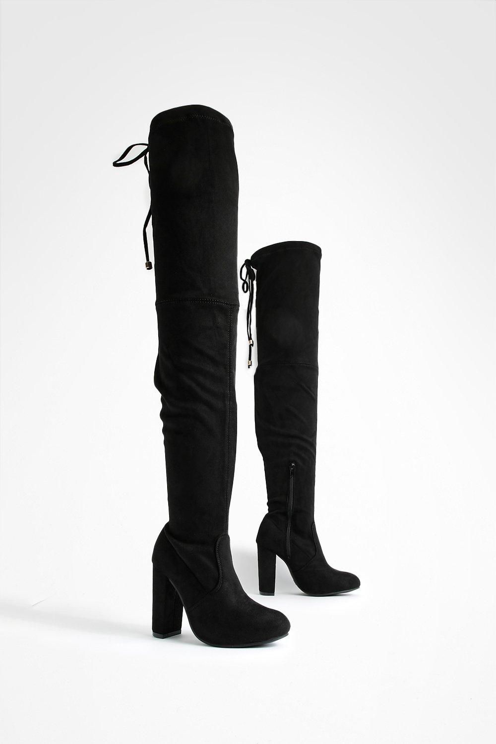 Womens Wide Width Block Heel Thigh High Boot - Black - 6 | Boohoo.com (US & CA)