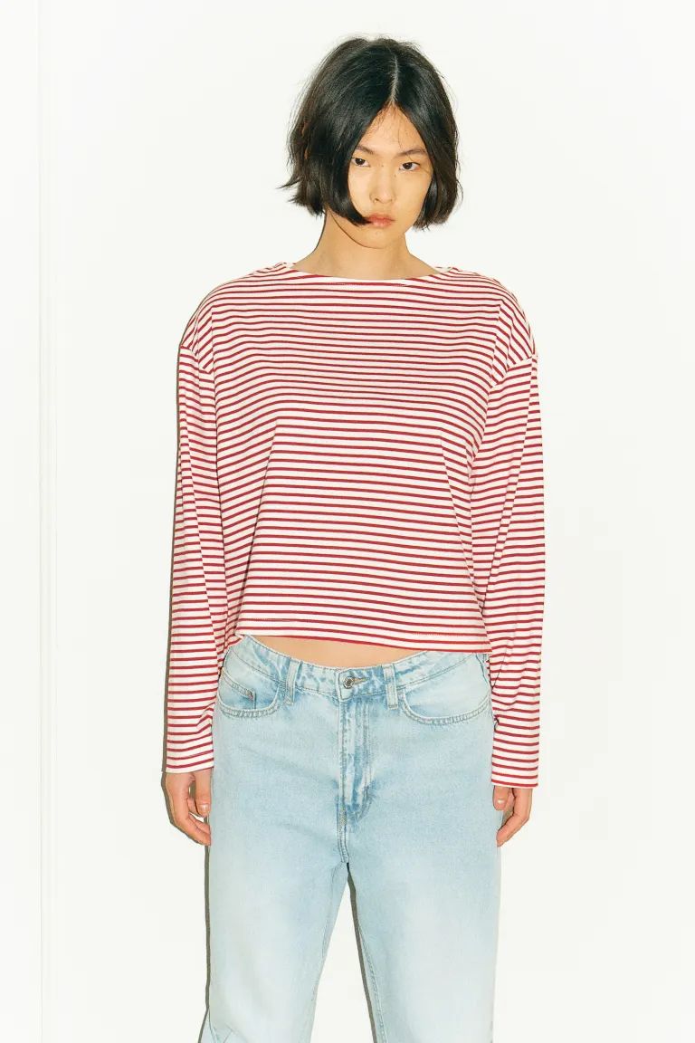 Oversized boat-neck top - White/Blue striped - Ladies | H&M GB | H&M (UK, MY, IN, SG, PH, TW, HK)