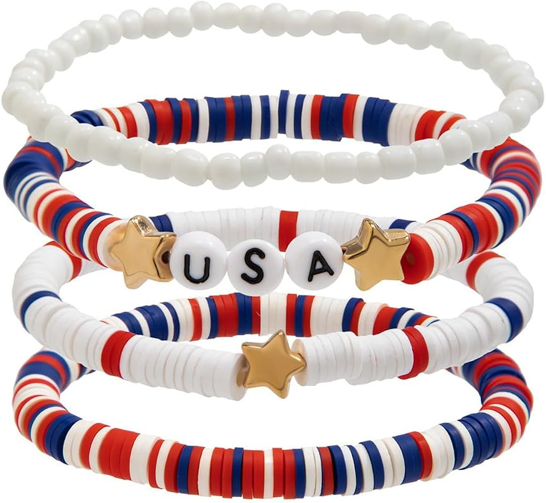 Holiday Surfer Clay Beads Stretch Bracelets Set 4th of July Independence Day Stackable Bracelets ... | Amazon (US)