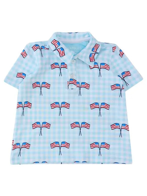 RuggedButts Knit Short Sleeve Performance Polo in Blue Patriotic Gingham at Nordstrom, Size 18-24M | Nordstrom