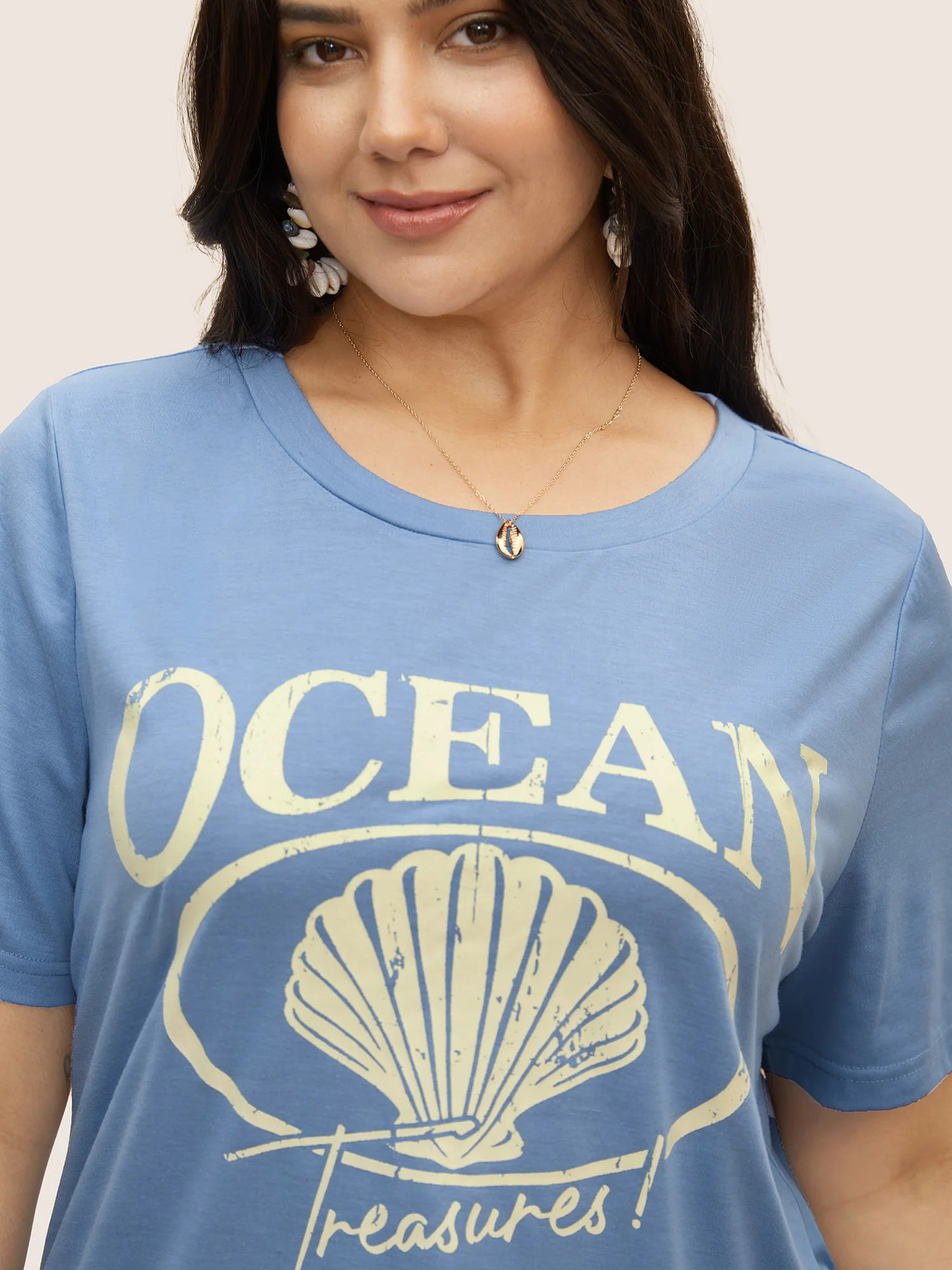 Round Neck Sea Shells Print T-shirt | Bloomchic