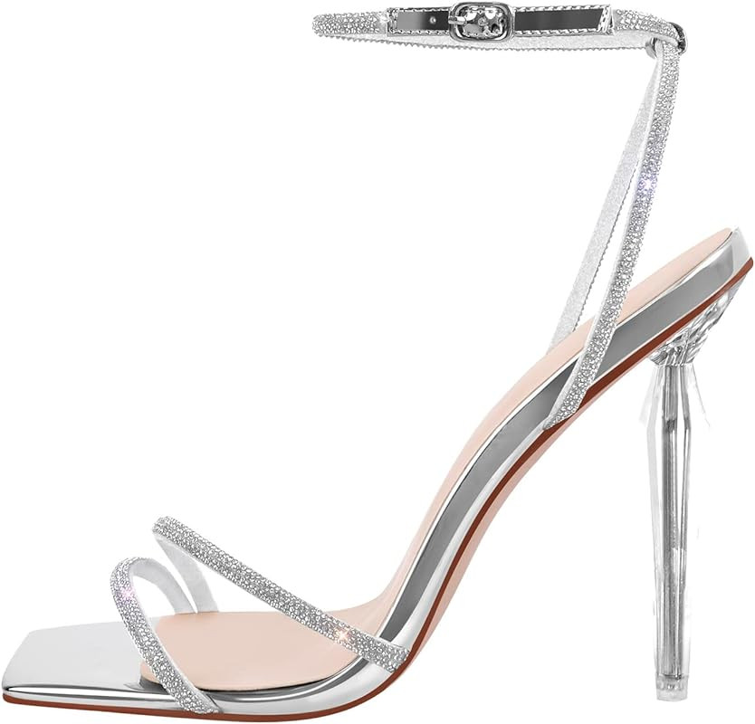 Women's Square Toe Rhinestones Studded Sandals Ankle Buckle Clear High Heels | Amazon (US)