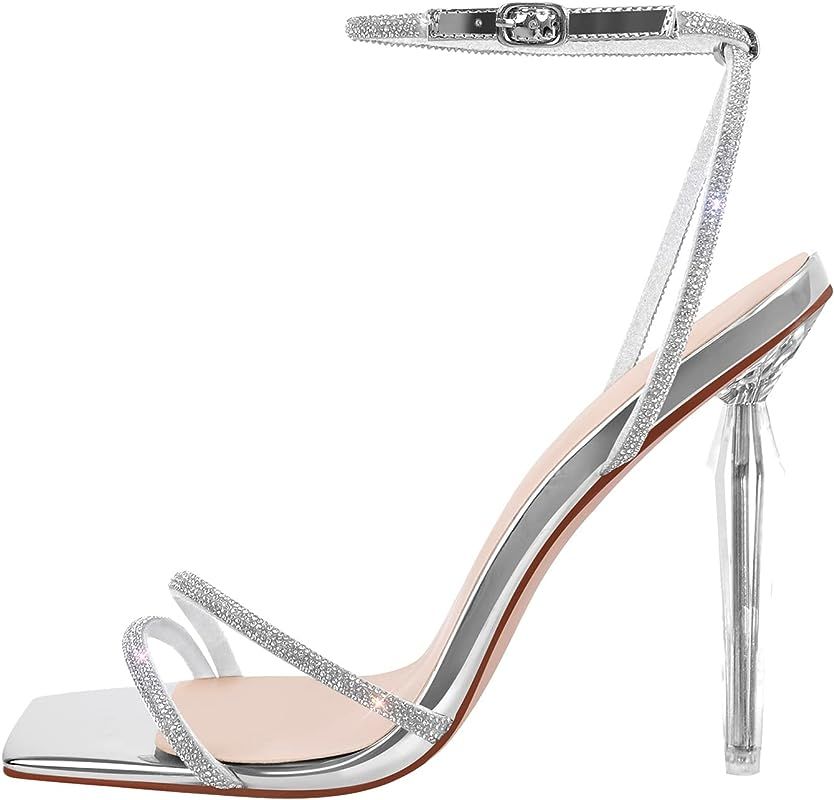Women's Square Toe Rhinestones Studded Sandals Ankle Buckle Clear High Heels | Amazon (US)