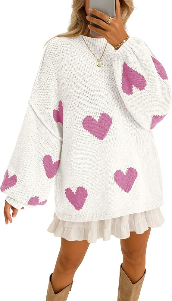 Saodimallsu Womens Oversized Heart Sweater Valentines Cute Mock Neck Chunky Knit Long Sleeve Tuni... | Amazon (US)