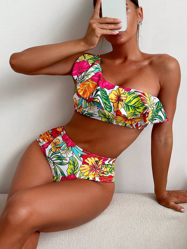 SHEIN Swim Summer Beach Tropical Print Ruffle Trim One Shoulder Bikini Set | SHEIN