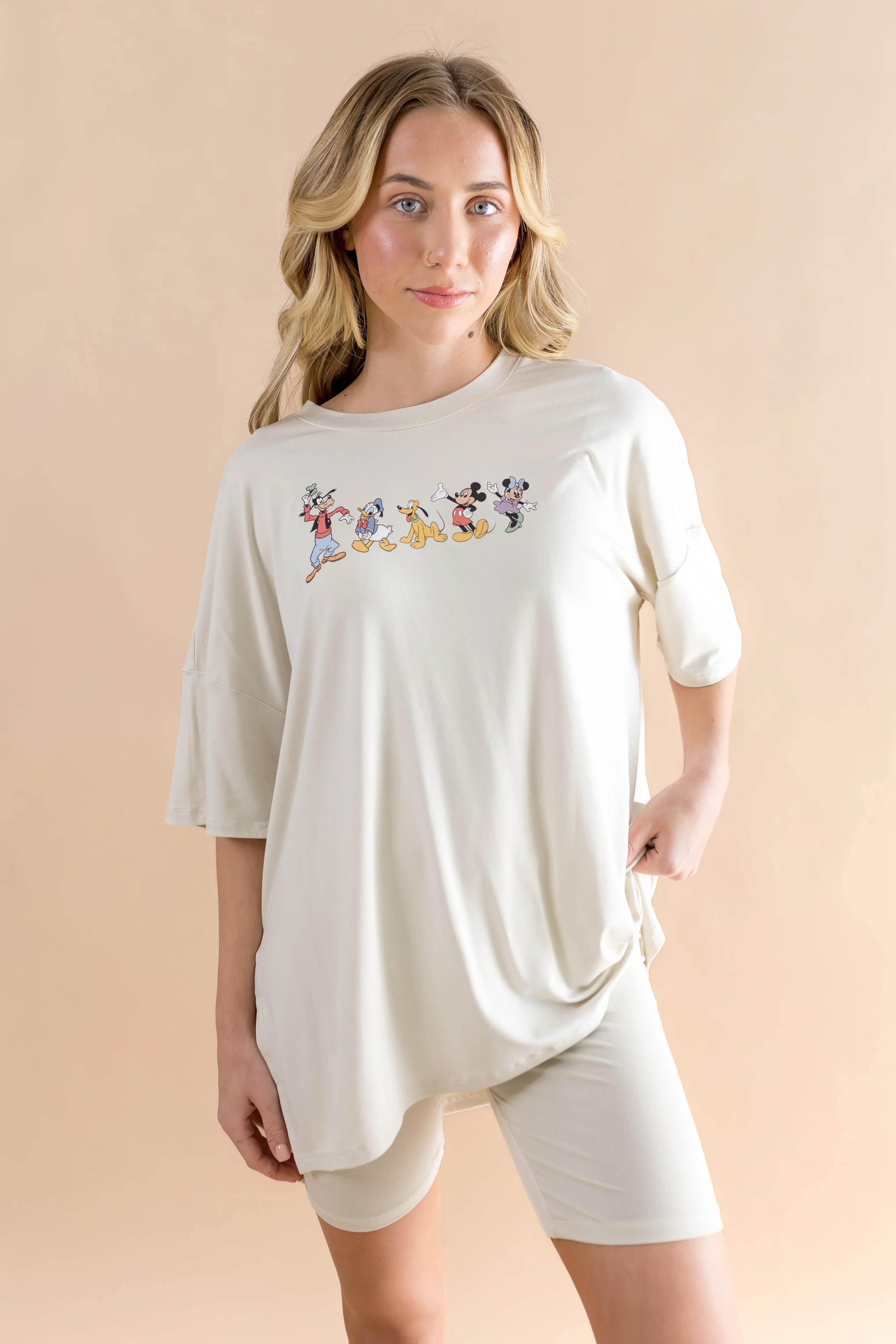 Women\u2019s Biker Short Set in Mickey and Friends on Ecru | Kyte Living