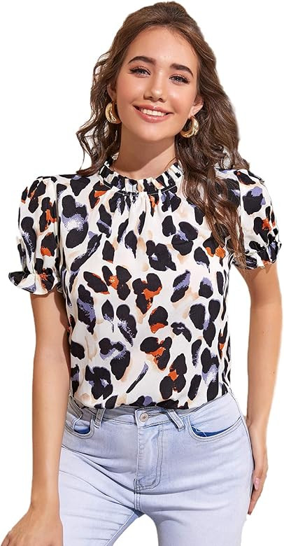 Romwe Women's Floral Print Ruffle Puff Short Sleeve Casual Blouse Tops | Amazon (US)
