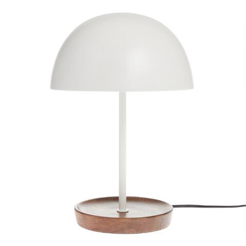 Emery White Metal Dome and Wood Tray Table Lamp | World Market