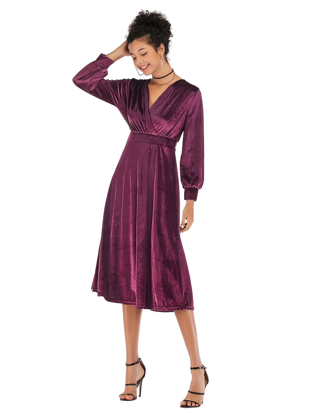 Lady V Collar Long Sleeve Velvet Dress | Rosegal US