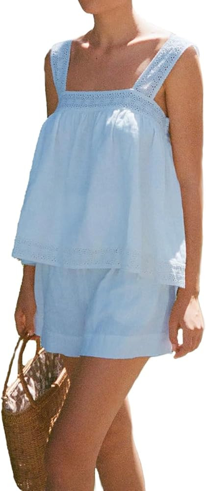 Womens Fashion 2 Piece Set Lace Cami Top and Shorts Set Summer Cotton Pajama Set | Amazon (US)